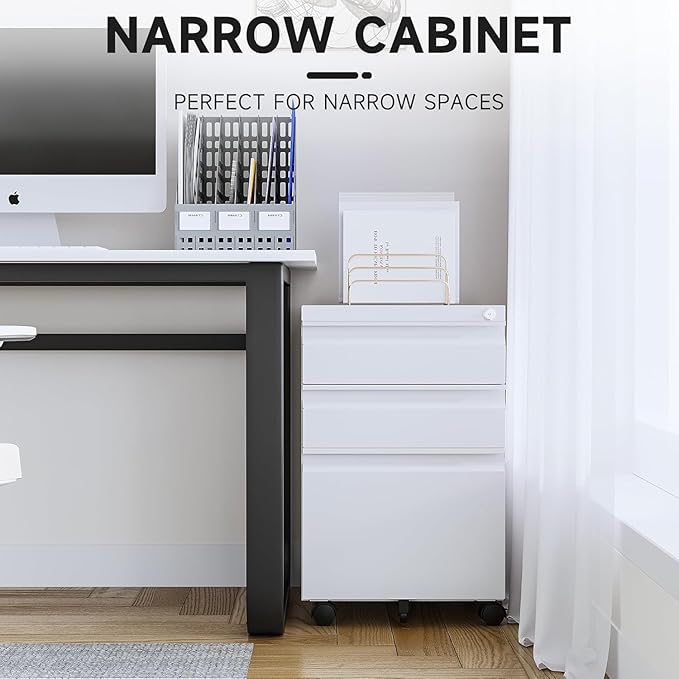 Letaya 3 Drawer Mobile File Cabinet with Lock, Under Desk Metal Rolling Filing Cabinets for Home Office Organizer Letters/Legal/A4 (White- Requires Installation) (White)