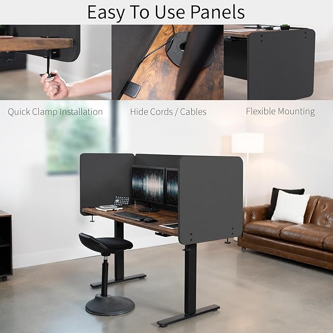 VIVO Clamp-on/Screw-on 60 x 24 inch Privacy Panel, Sound Absorbing Cubicle Desk Divider, Acoustic Partition, Dark Gray, PP-1-V060D