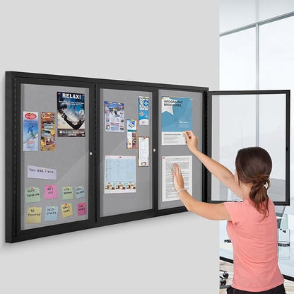 SWANCROWN Outdoor Bulletin Board 70x36in, Enclosed Bulletin Board with Locking Door for Office School Commerce, Grey Felt, Black Aluminum Frame