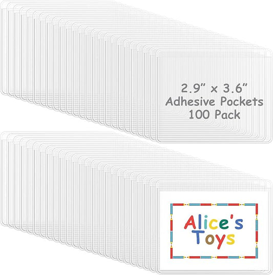 Jeyiour 100 Pcs Label Holders Adhesive Nameplate Pockets Storage Bin Labels Index Card Holder Shelf Plastic Peel Stick for Classroom Supermarket Bookshelf Library Student Box Drawer (3.6 x 2.9 Inch)