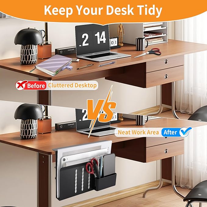 Henitol Desk Side Storage with Pen Holder, No Drill Hanging Desk Organizer Under Desk Storage Mount, Clamp-On Laptop Holder Table Side Tray Desktop Organization for Office and Home (Black)