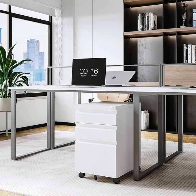 Letaya 3 Drawer Mobile File Cabinet with Lock, Under Desk Metal Rolling Filing Cabinets for Home Office Organizer Letters/Legal/A4 (White- Requires Installation) (White)