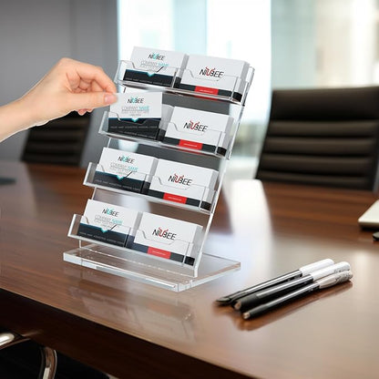 NIUBEE Acrylic Business Card Holder 8 Slots - Double Capacity Business Card Stand for Desk, 4 Tier Clear Gift Card Display for Office, Event, Exhibition