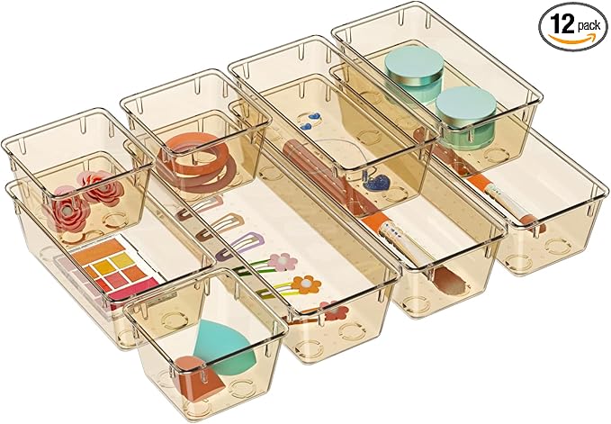 WOWBOX 12 Pack Clear Drawer Organizer Set, Acrylic Drawer Storage Trays, Storage Bins for Makeup, Cosmetics, Jewelries, Utensils, Gadgets, Office, Champagne