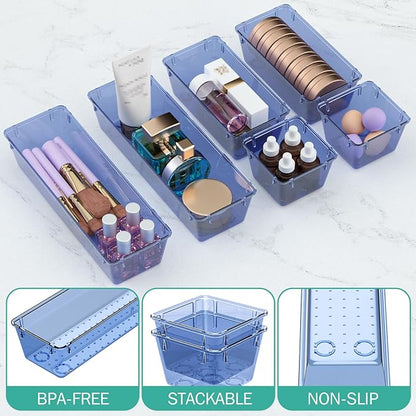 WOWBOX 6 Pack Clear Drawer Organizer Set, Acrylic Drawer Storage Trays, Storage Bins for Makeup, Cosmetics, Jewelries, Utensils, Gadgets, Office, Dark Blue