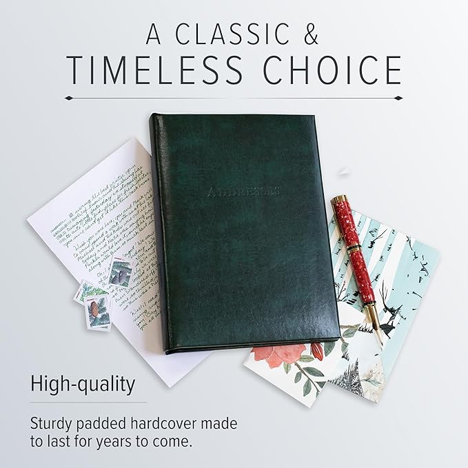 Gallery Leather Large Address Book with Alphabetical Tabs up to 480 Records, Leather Notebook Hardcover, Telephone and Address Books - 9x7", Desk Address, Acadia Green