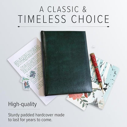 Gallery Leather Large Address Book with Alphabetical Tabs up to 480 Records, Leather Notebook Hardcover, Telephone and Address Books - 9x7", Desk Address, Acadia Green