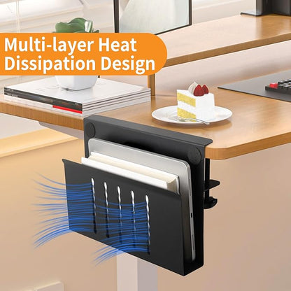 Henitol Desk Side Storage with Pen Holder, No Drill Hanging Desk Organizer Under Desk Storage Mount, Clamp-On Laptop Holder Table Side Tray Desktop Organization for Office and Home (Black)