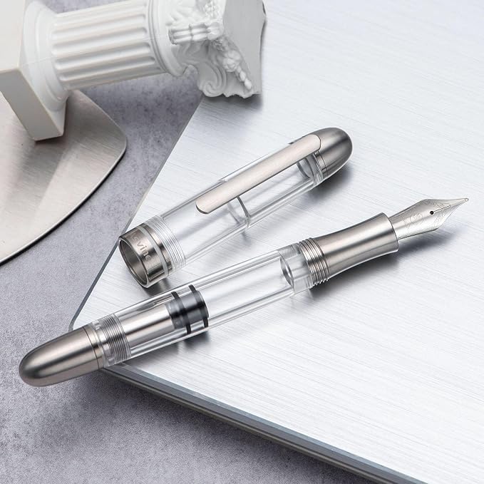 Asvine P36 Titanium Fountain Pen Piston Filling, Iridium Medium Nib Clear Transparent Acrylic Smooth Writing Pen Case Set
