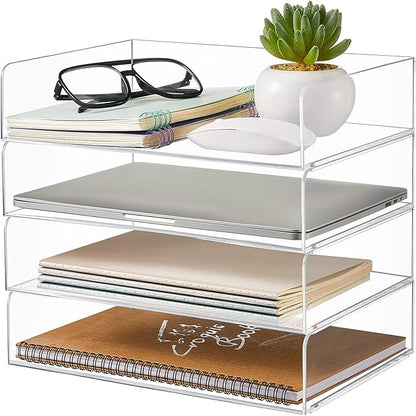Harloon 4 Tier Acrylic Paper Tray Paper Organizer for Desk Clear File Organizer 12. 4 x 8. 7 x 2. 7 Inches File Tray for Office Workspace Desktop Storage, No Need to Assemble (Transparent)
