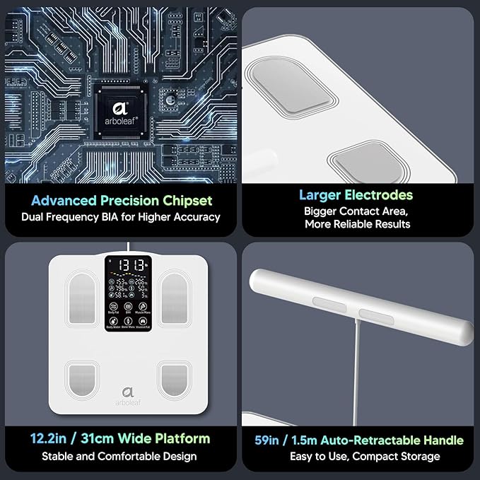 arboleaf Scale for Body Weight, Smart Scale with BMI, Body Fat, Muscle Mass, Upgrade 50+ Metrics Full Body Composition Analyzer, 8-Electrode High Precision Digital Bathroom Scale, Bluetooth Sync