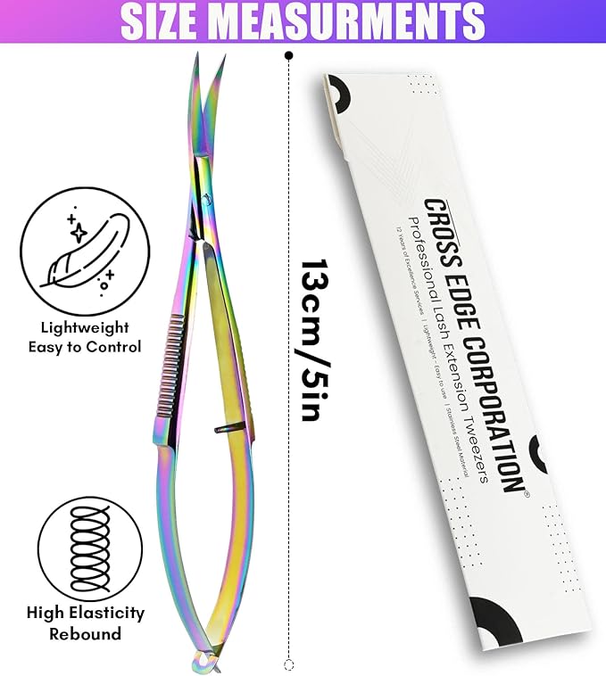 Cross Edge Curved Spring Scissors 5 Inch Stainless Steel Precision Eyebrow & Eyelash Shaping & Trimming Scissor, Snips Squeeze, Embroidery, Knitting Micro Tip Craft Scissors (Rainbow)
