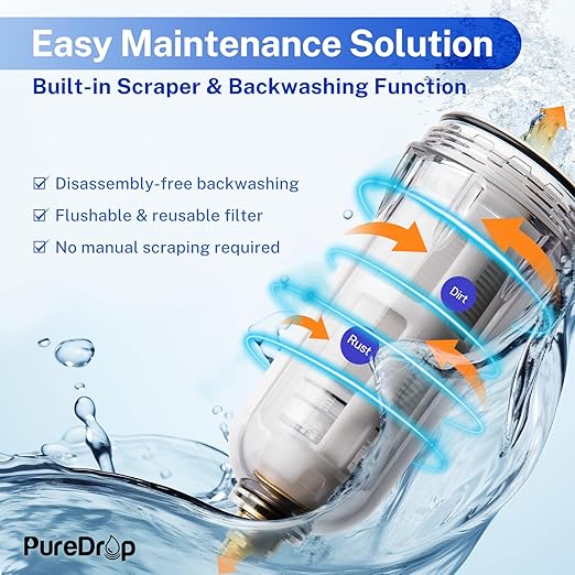 PureDrop PDR-ARB50WSP Spin Down Sediment Water Filter, Auto Flushing Module with Touch-Screen, Reusable Whole House Sediment Filter for Well Water w/Scraper, 50-Micron Prefilter Filtration System