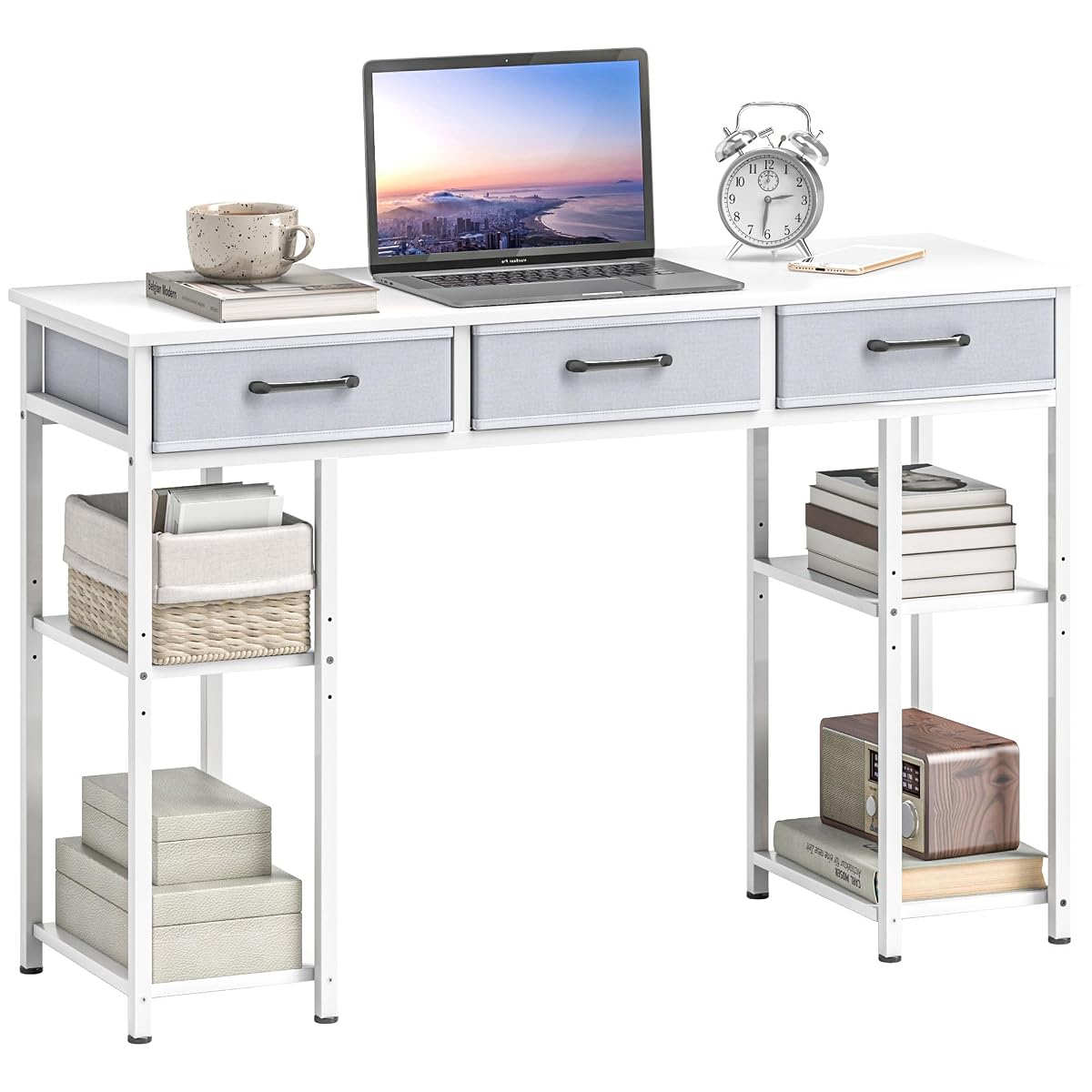 47" Computer Desk with 3 Fabric Drawers Home Office White