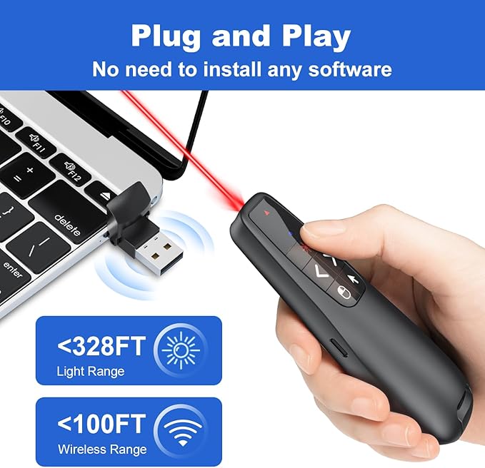Presentation Clicker PowerPoint Wireless Presenter Remote: Type C Rechargeable Auto Air Mouse Clickers with Red Laser Pointer for Computer Project Mac Slideshow PPT Google Slide Advancer