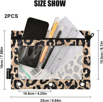 Cheetah Brown Golden Binder Pouches 3 Ring for Boys Girls School Office College Supplies Leopard Black Pencil Pouches Case Bag with Clear Window and Zipper 2 Pack