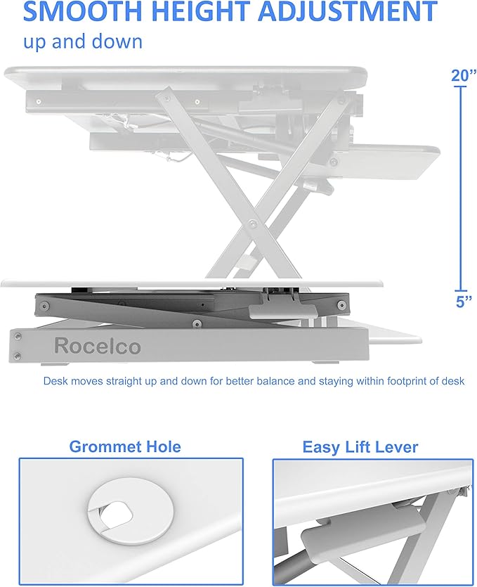 Rocelco 46" Large Height Adjustable Standing Desk Converter with Double Monitor Mount Stand BUNDLE - Quick Sit Stand Up Computer Workstation Riser - Retractable Keyboard Tray - White (R DADRW-46-DMS)