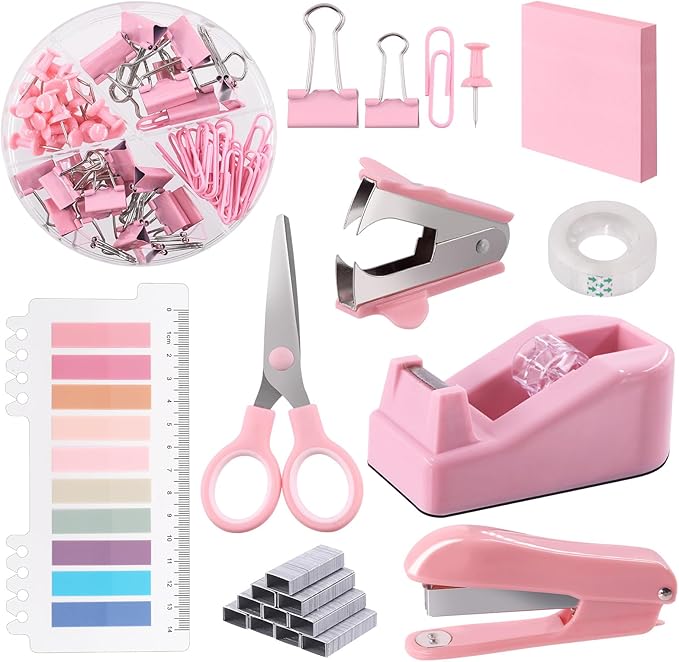 Swpeet 9Pcs Pink Office Supplies Kit, Desk Accessories Including Stapler, Tape Dispenser, Staple Remover, Tabs, Scissors, Staples, Tape, Clips and Sticky Note Ideal for Office and School