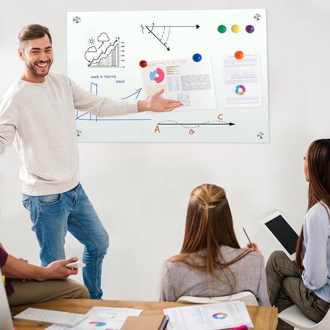 H-Qprobd Glass Whiteboard 36"x24" Magnetic Dry Erase White Board for Wall, Includes 12 Magnets, 8 Markers and 2 Erasers