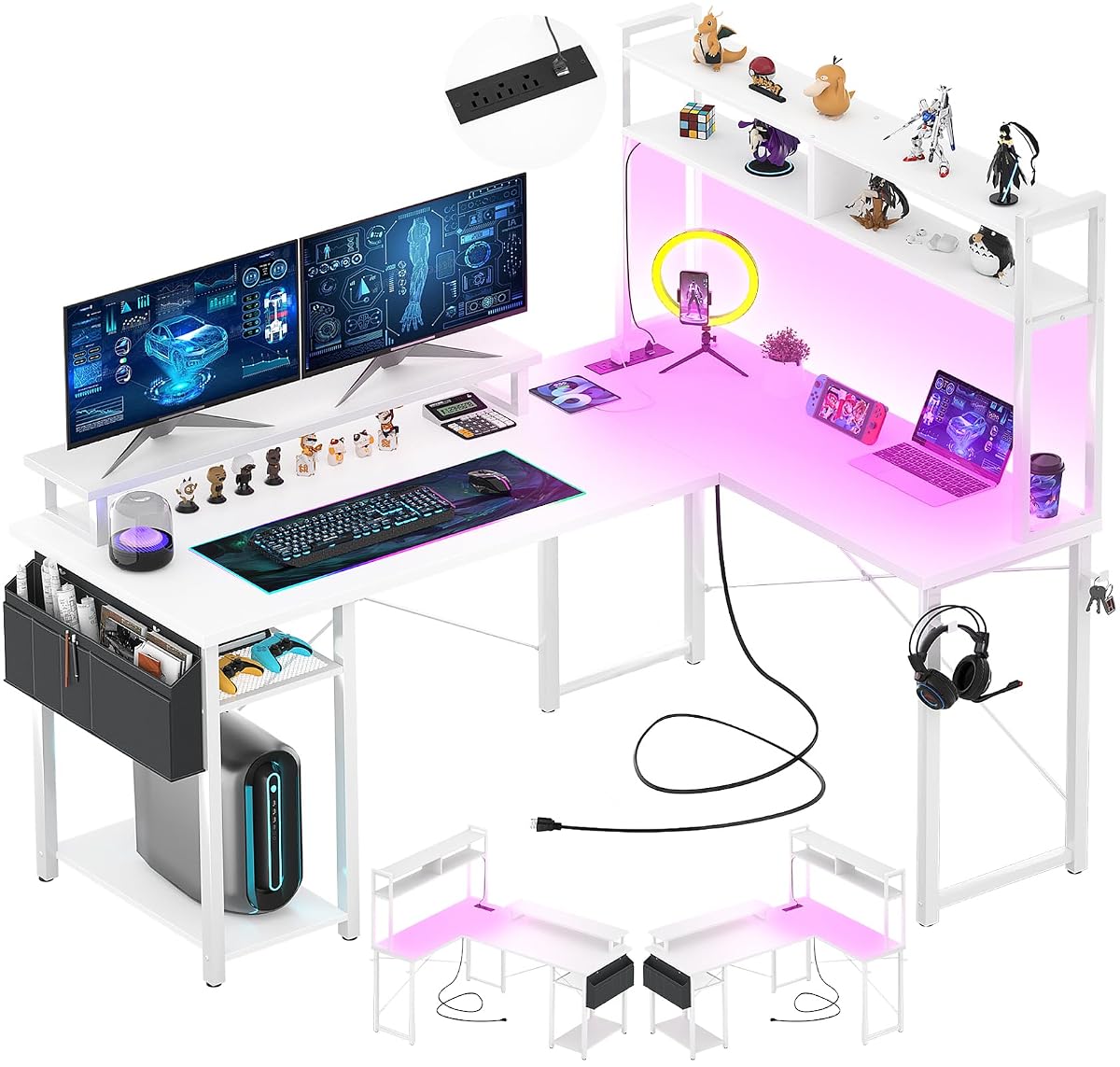 Small L Shaped Desk Gaming Desk with LED Lights & Power Outlets