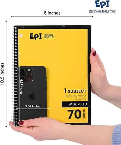 EPI Spiral Notebook | Wide - 70 Sheets, Durable Spiral Binding | 10.5 x 8 in | Classroom Supplies | School, Office, Note Taking, Journaling - 48 Pack