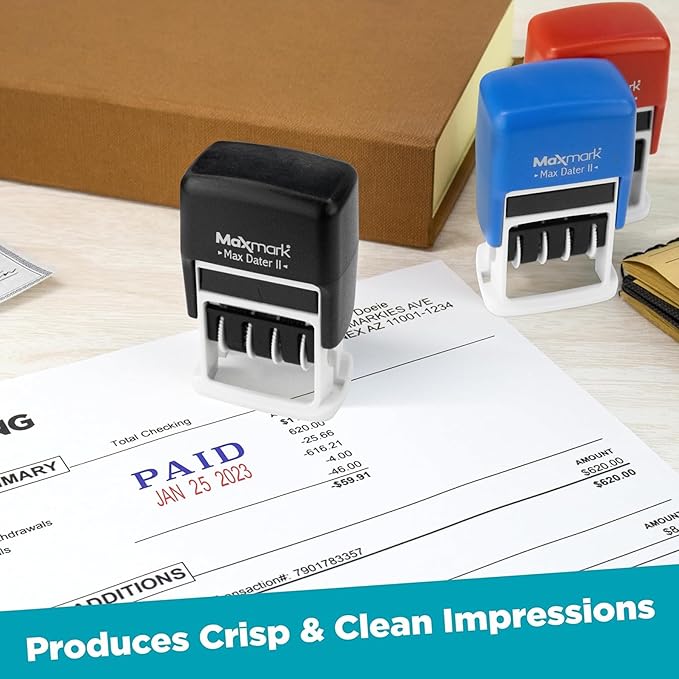 MaxMark Self-Inking Rubber Date Office Stamp with Completed Phrase Blue Ink & Date RED Ink (Max Dater II), 12-Year Band