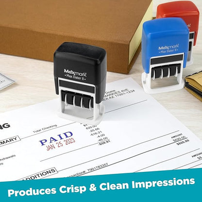 MaxMark Self-Inking Rubber Date Office Stamp with Completed Phrase Blue Ink & Date RED Ink (Max Dater II), 12-Year Band