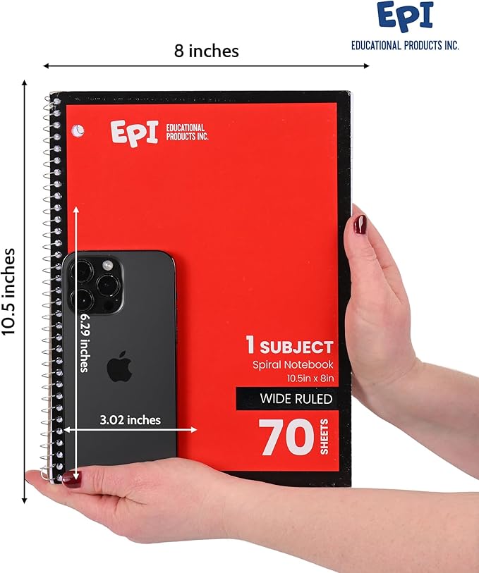 EPI Spiral Notebook | Wide - 70 Sheets, Durable Spiral Binding | 10.5 x 8 in | Classroom Supplies | School, Office, Note Taking, Journaling - 12 Pack