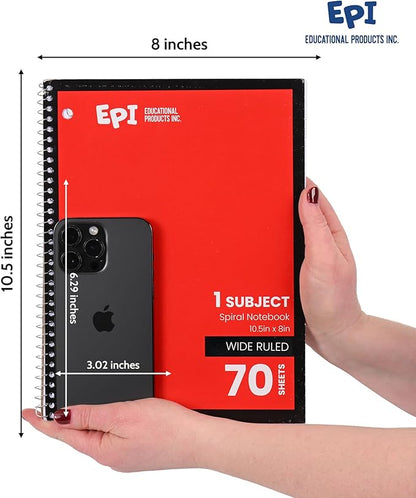 EPI Spiral Notebook | Wide - 70 Sheets, Durable Spiral Binding | 10.5 x 8 in | Classroom Supplies | School, Office, Note Taking, Journaling - 12 Pack