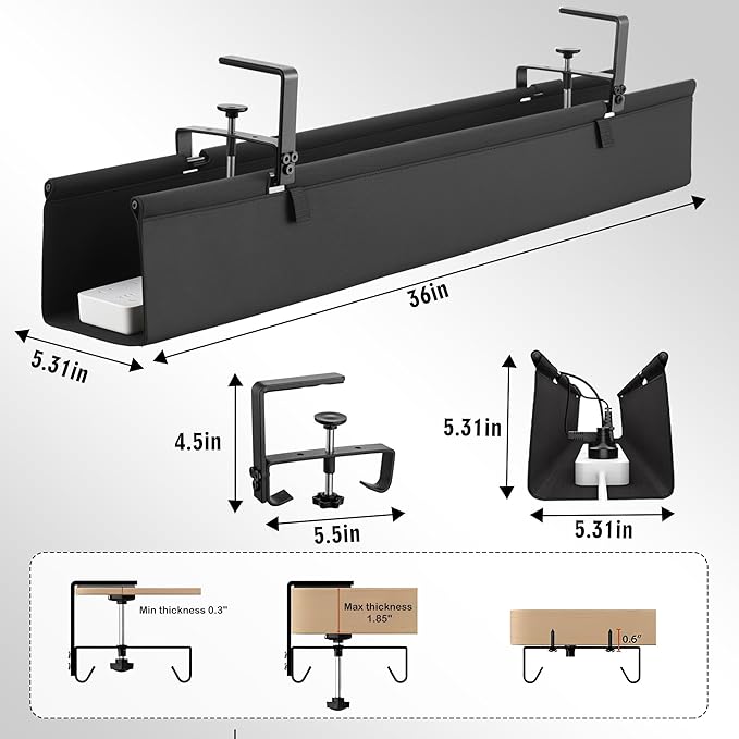 Desk Cable Management Tray, Fabric Cable Organizer, No Drill Large Clamp/Screw Mount Wire Organizer-Support Up to 30lbs, Standing Desk Cable Management for Office Home (Black,36 Inch)
