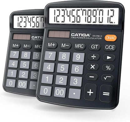 CATIGA Desktop Calculator (2 Pack) 12 Digit with Large LCD Display and Sensitive Button, Solar and Battery Dual Power, Standard Function for Office, Home, School, CD-2786 (2 Black)