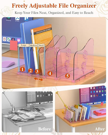 COWVTUJ Adjustable Rose File Organizer for Desk, Vertical File Folder Holders for Magazines, Upright Desktop Binder Organizer, Clear Paper Bookshelf Divider File Sorter for School Office Supplies