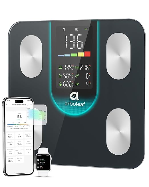 arboleaf Smart Scale for Body Weight and Fat, High-Precision Digital Bathroom Scale with 4-Electrode BIA, 7-in-1 Display for BMI Body Fat Muscle Mass, 14 Metrics in App, Trend Tracking, Max 400lb
