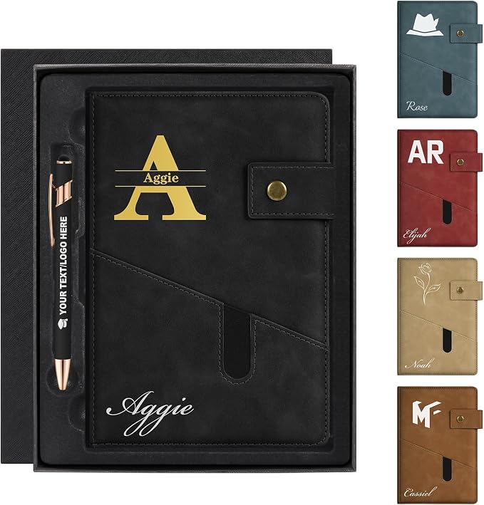 ENOMY Personalized Notebook & Pen Set PU Leather Custom A5 Notebook with Lock 200 Lined Paper Pages Luxury Gift Box for Men Women Travel College Business Gift, Black