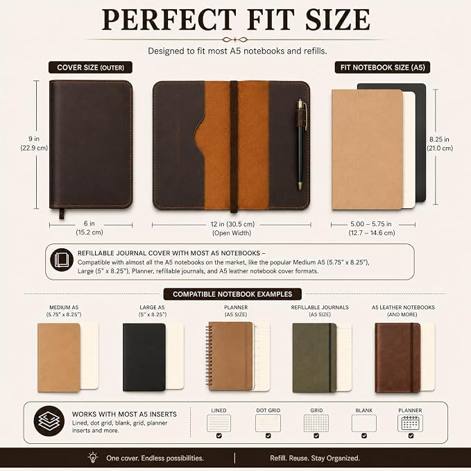 A5 Leather journal cover, Refillable Journal Cover for Large and Medium A5, Leather Handmade Notebook Cover, 9 x 6 Inches Leather Bound Journal (Black)