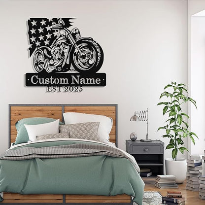 Custom US Flag Motorcycle Metal Signs Personalized Biker Name Sign Custom Garage Decor Motorbikes Wall Art Decor Motorcycle Sign Men Room Decorate Gifts for Men Husband Rider