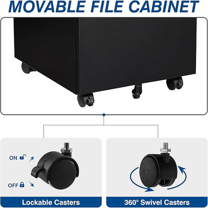 Fesbos 3 Drawer Mobile Metal File Cabinet, Black Filling Cabinets with Lock, Pre-Built Office Storage File Cabinet with Wheels Under Desk - Assembled Required