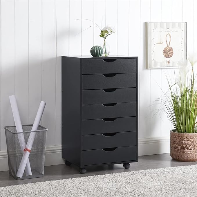 Naomi Home Debbie 7-Drawer Craft & Office Storage Cabinet, Black – Mobile Organizer with Casters, Spacious for Documents & Tools, Chic Minimalist Design, 15.7" D x 18.9" W x 34.2" H