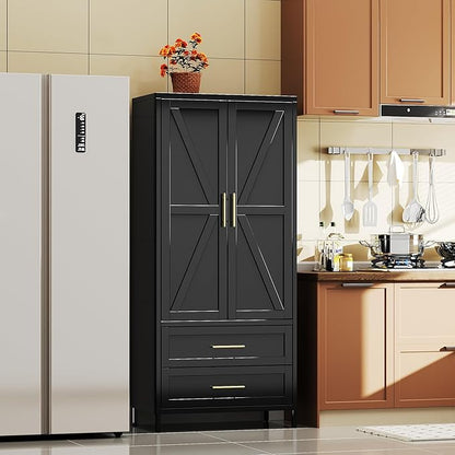 SUPEER Metal Wardrobe Cabinet with 2 Drawer and Hanging Rod, 70.9" H Metal Armoire Wardrobe Closet with Adjustable Shelf for Bedroom, Laundry Room, Home,Office,Installation Required,Black