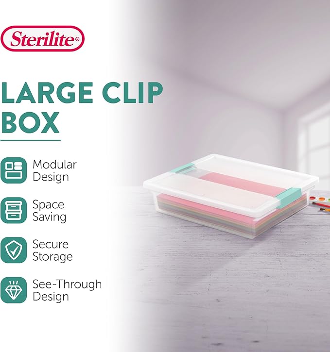 Sterilite 24-Pack Clip Box, Stackable Clear Plastic Bins with Latching Lids, Large - Writing, Arts or Crafts Supplies Storage Containers for Home, Office, Classroom and Workshop Organization