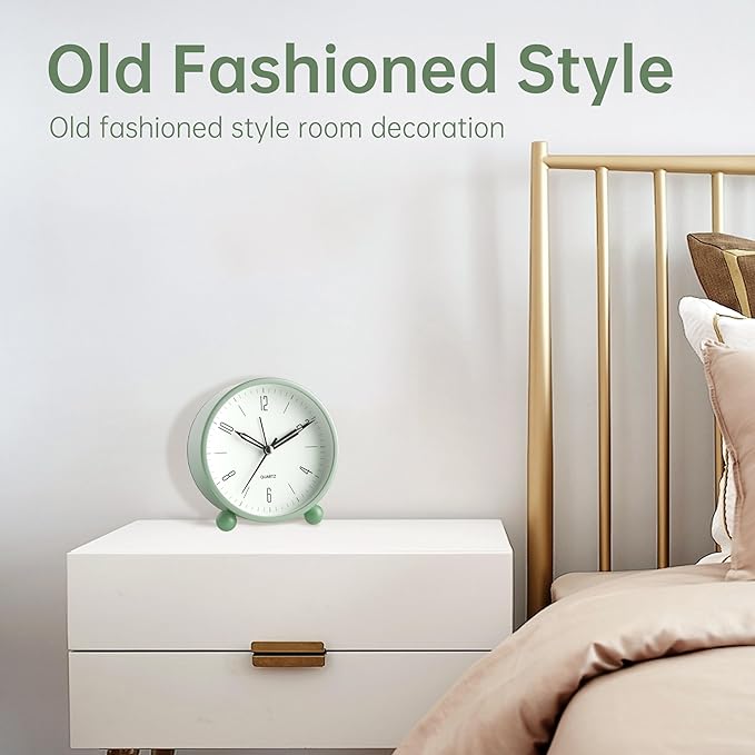 Analog Alarm Clock, 4 inch Super Silent Non Ticking Small Clock with Night Light, Battery Operated, Simple Design, Old Fashioned Style Ideal Decor, for Bedroom, Bedside, Desk, Adult, Kid, Gift, Green