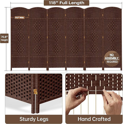 DURASPACE 6 Panel Room Divider, 6ft Tall Folding Privacy Screen, 19.5" Wide Panels, 360°Rotation, Hand-Woven Freestanding Wood Partition for Room Separation