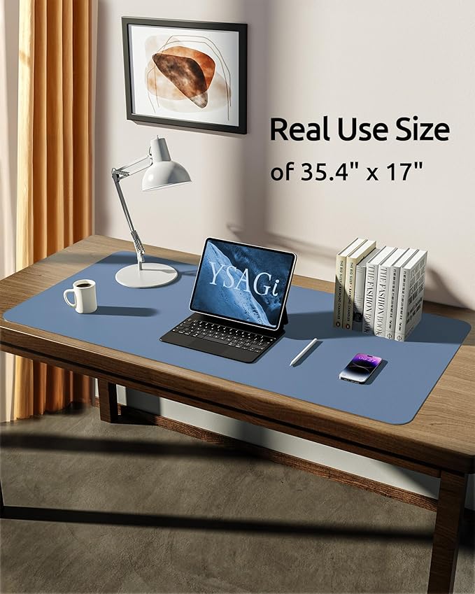 YSAGi Leather Desk Protector, Office Mat, Large Mouse Mat, Non-Slip PU Leather Blotter, Laptop Desk Pad, Waterproof Writing Pad for Office and Home (Blue, 35.4" x 17")