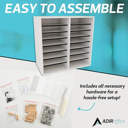 AdirOffice Wooden Adjustable organizerserature Organizer, 16 Compartment Office Mailbox, or Classroom Literature Organizer, White