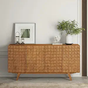 Sapa Mid-Century Modern Solid Wood Sideboard – 4-Door Accent Buffet Cabinet with Carved Geometric Fronts, for Living Room, or Entryway, Effortless Assembly, Teak Look