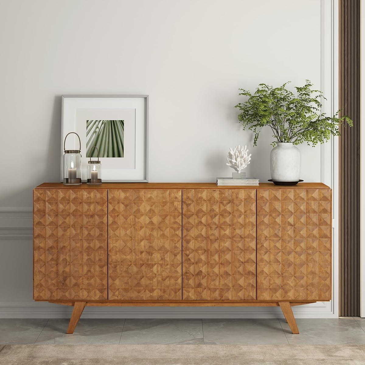 Sapa Mid-Century Modern Solid Wood Sideboard – 4-Door Accent Buffet Cabinet with Carved Geometric Fronts, for Living Room, or Entryway, Effortless Assembly, Teak Look