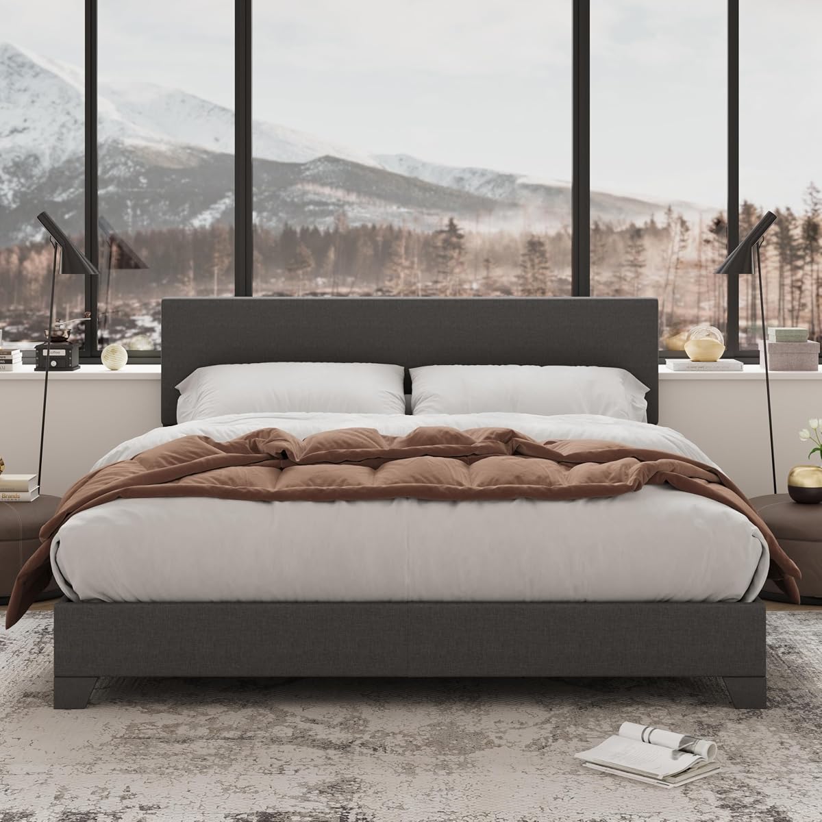 Full Size Upholstered Bed Frame Adjustable Headboard, Dark Grey