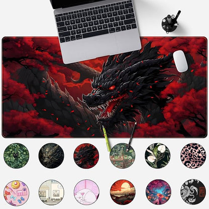 Huge Dragon Large Mouse Pad - Red and Black Mousepad, Big Full Keyboard and Mouse Pad with Stitched Edges, Anti-Slip, Funny Desk Pad, 31.5 X 15.8 in.