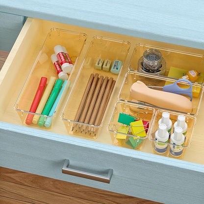 WOWBOX 12 Pack Clear Drawer Organizer Set, Acrylic Drawer Storage Trays, Storage Bins for Makeup, Cosmetics, Jewelries, Utensils, Gadgets, Office, Champagne