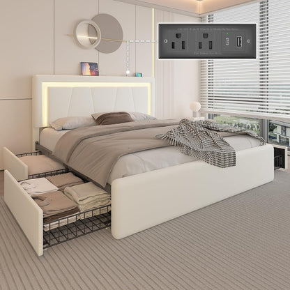 Queen Size Bed Frame with 4 Storage Drawers, LED Light, White Upholstered
